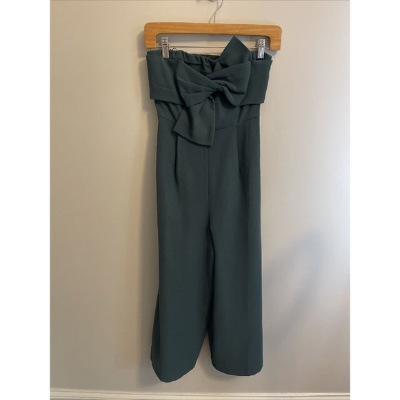 Anthropologie Hailee C Strapless Wide Leg Jumpsuit Bow Cropped Green Women’s 2 - Picture 7 of 9